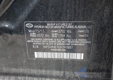 2013 Hyundai Elantra Gls z USA, uszkodzony, nr VIN 5NPDH4AEXDH347887